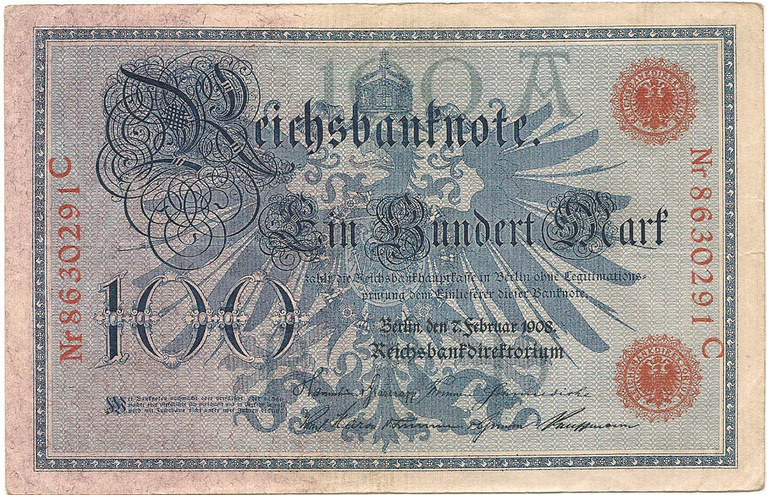 100 марок, 1908 год (Красный серийный номер)