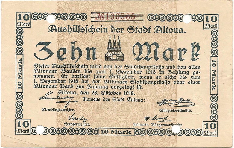 Шлезвиг-Гольштейн (Альтона), 10 марок, 1918 год