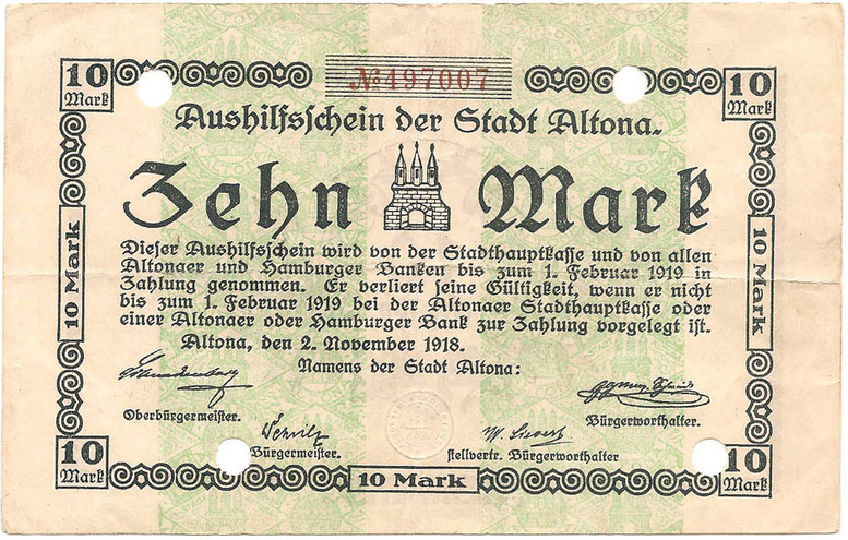 Шлезвиг-Гольштейн (Альтона), 10 марок, 1918 год (зеленый фон)