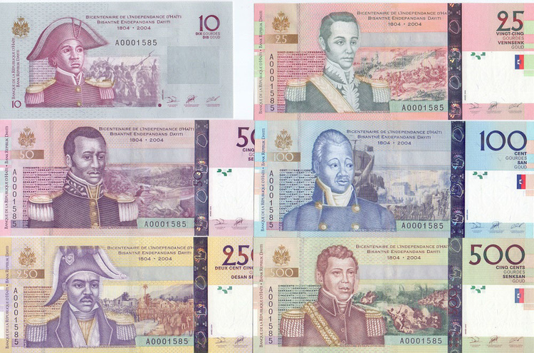 10, 25, 50, 100, 250, 500 гурдов, 2004 год (Номер А0001585 на всех банкнотах)