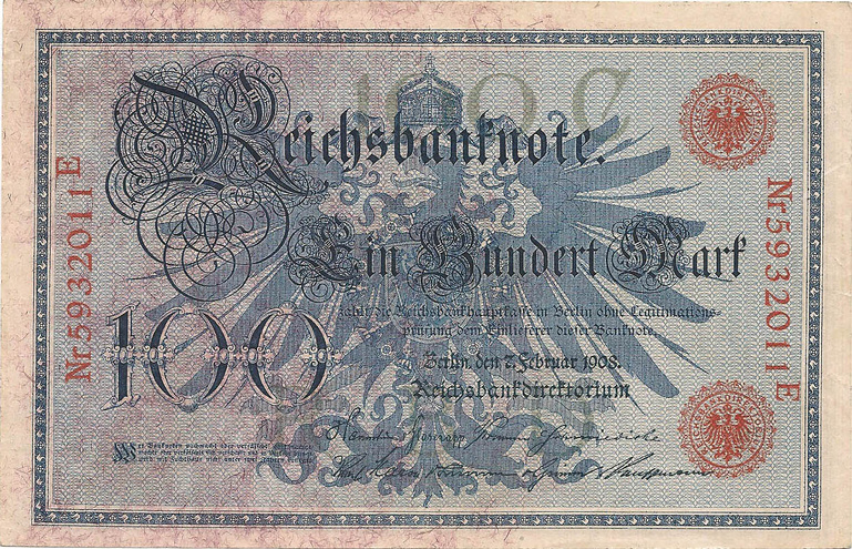 100 марок, 1908 год (Красный серийный номер)