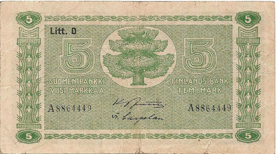 5 марок, 1939 год (Litt.D)