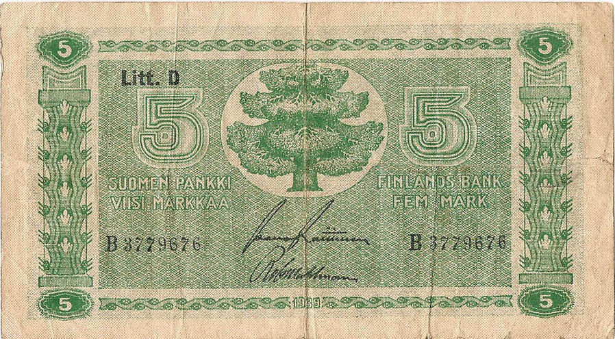 5 марок, 1939 год (Litt.D, иные подписи)