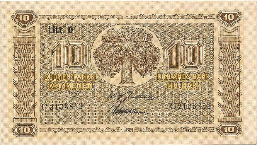 10 марок, 1939 год (Litt.D, иные подписи)