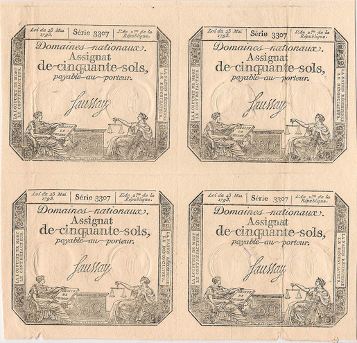 15 солей, 1793 год. Блок из четырех ассигнаций