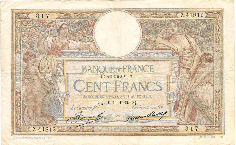 100 франков, 1933 год (J.Boyer/P.Strohl)
