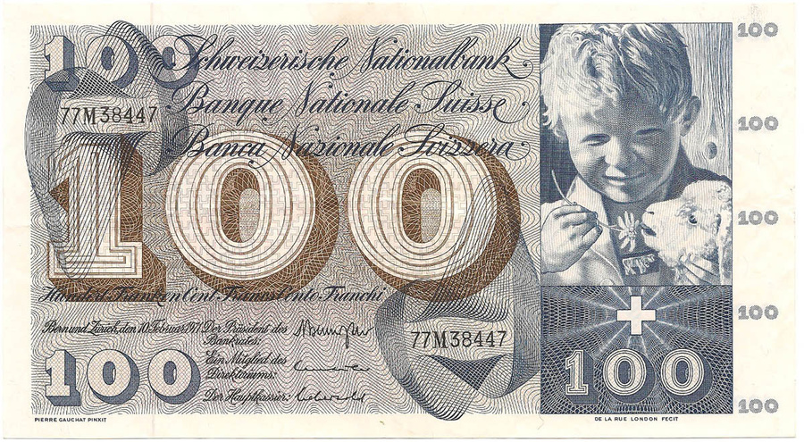 100 франков, выпуск 1956-1973 гг. (Galli/Leutwiler(?)/Aebersold)