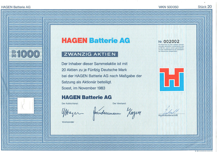 Германия - Аккумуляторные батареи (Hagen Batterie AG), акция 1000 марок, 1983 год