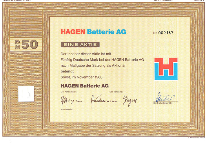 Германия - Аккумуляторные батареи (Hagen Batterie AG), акция 50 марок, 1983 год