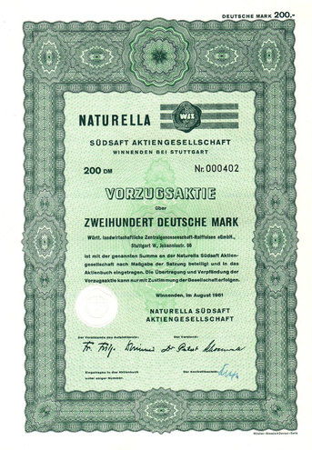 Германия - Продукты, Naturella Sudsaft AG, акция 200 марок, 1961 год