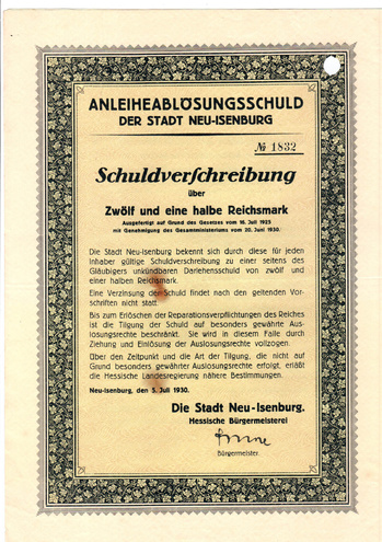 Германия - Заем города Неу-Изенбург, 12 с половиной рейхсмарок, 1930 год