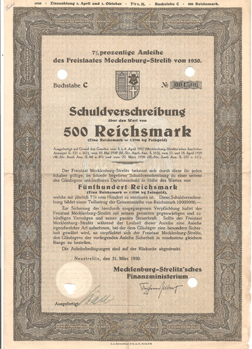 Германия - Заем Мекленбурга-Стрелица, 500 рейхсмарок, 1930 год