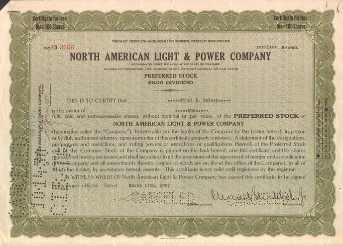 Акция Северо-Американской энергетической компании, 1927 год - США