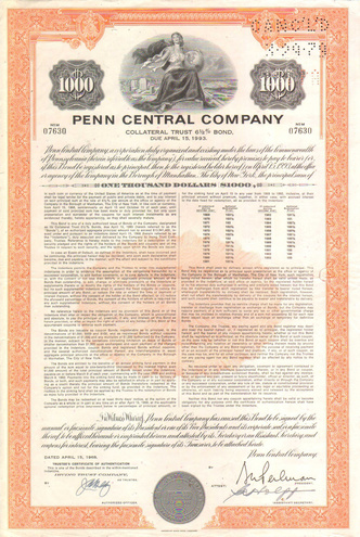 Облигация Пенсильванской центральной компании, 1968 год - США