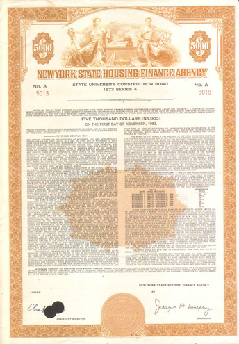 Облигация Нью-Йоркского агентства жилищного финансирования, 1973 год - США