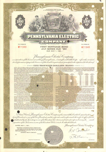 Облигация Пенсильванской электрической компании, 1961 год - США