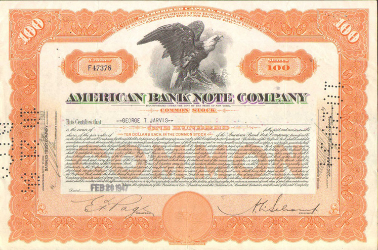 Акция Американской компании денежных купюр, 1947 год - США
