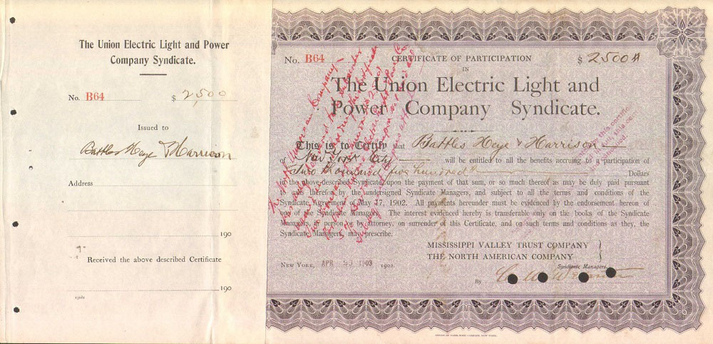 Сертификат Синдиката электрической и энергетической компаний, 1903 год - США