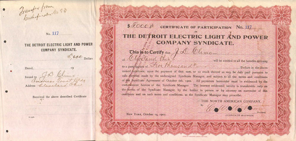 Сертиификат Синдиката Детройской электрической компании, 1902 год - США