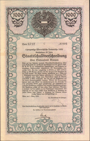 Австрия - Государственная облигация 1000 крон, 1920 год