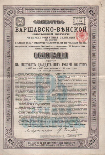 Общество Варшавско-Венской Железной Дороги, 625 рублей, 1894 год