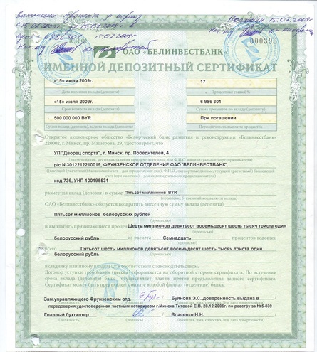 ОАО Белинвестбанк Облигация, депозитный сертифакат