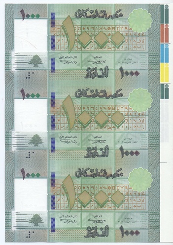 1000 ливров UNC - лист из 3-х банкнот