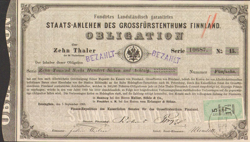 Облигация. Staats-Anlehen des Grossfurstenthums Finnland, 10 талеров, 1868 год