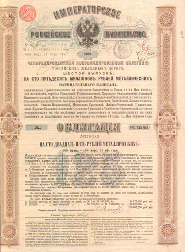 Консолидированная облигация Российских Железных дорог, 1880 год (1 облигация)